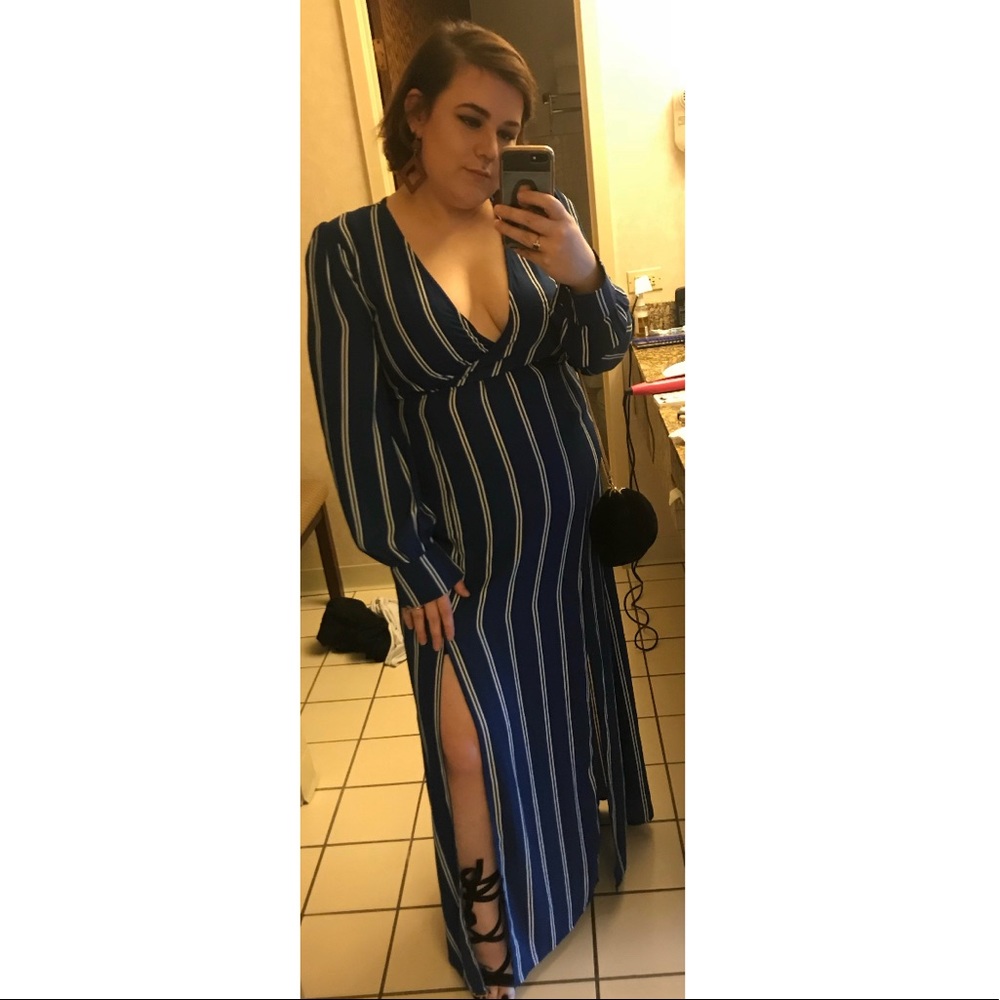 Blue and White Striped Slit Dress
